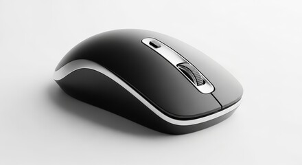 Sleek wireless computer mouse with silver trim on a white surface in a studio setting close up view