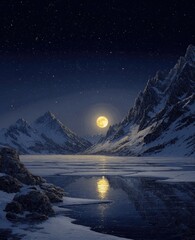 Snowy peaks, frozen lake, full moon