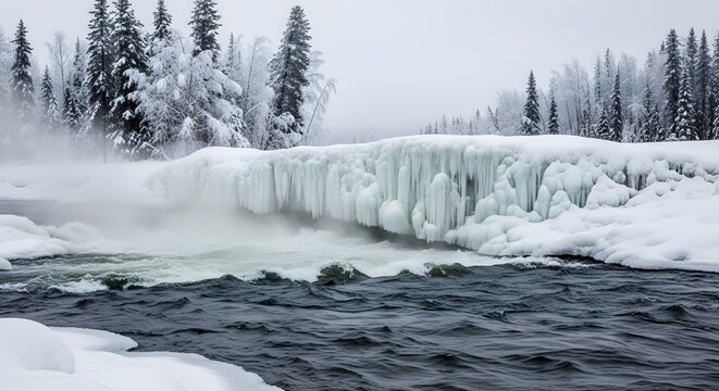 A winter landscape featuring a river flowing beneath a frozen waterfall surrounded by snow-covered trees and a foggy sky