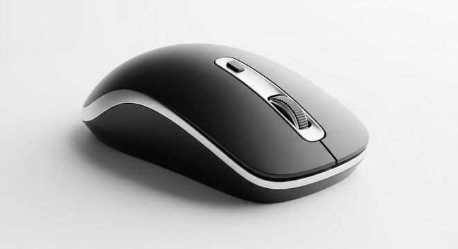 Sleek wireless computer mouse with silver trim on a white surface in a studio setting close up view