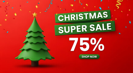 Christmas Super Sale Banner with 75% Off Discount and Christmas Tree 75 percent off