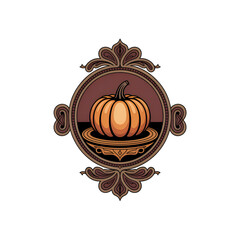 Pumpkin on an ornate stand within a decorative circular frame against a dark background for harvest season