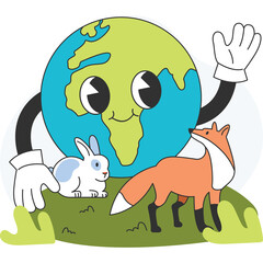 Anthropomorphic Planet Earth Character with Friendly Fox and Rabbit Companions on Green Hills Under a Blue Sky
