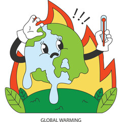 Cartoon Earth Melting in Flames with Thermometer Showing High Temperature Environmental Crisis Concept