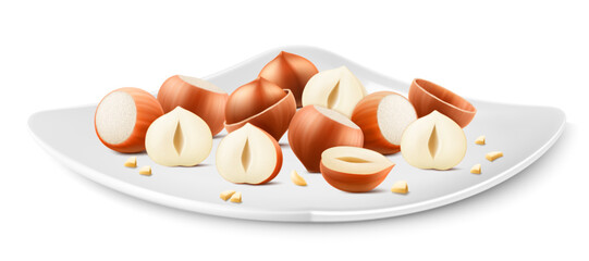 Hazelnuts on a white porcelain plate. Whole and half hazelnut isolated on white background. Peeled and unpeeled nuts. Hazelnut kernels are ripe and tasty, a source of protein. 3d vector illustration.