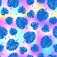 Abstract palm leaves seamless pattern. Vector blue tropical leaf print on holographic foil gradient background. Monstera texture for fabric, summer decoration, wrapping paper, backdrop, wallpapers.