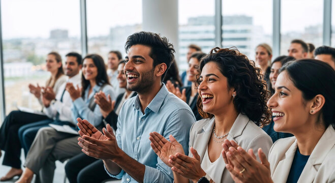 Engaged indian business professionals clapping at training conference