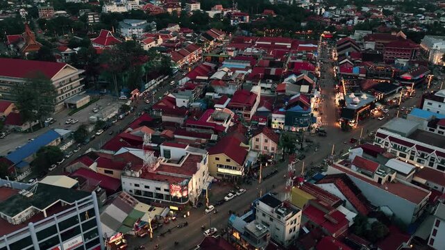 Aerial drone view of city of Siem Reap in Cambodia.