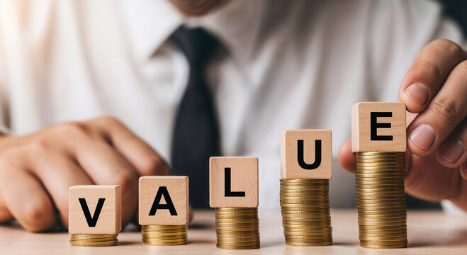 Business income creation value concept with wooden blocks and stacked coins for growth profit