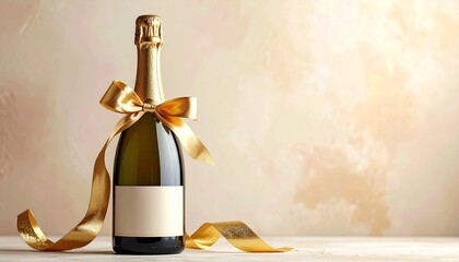 “A champagne bottle with a gold bow on a warm background, evoking celebration and elegance.”