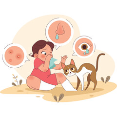 Child With Cat Experiencing Allergy Symptoms With Sneezing And Watery Eyes Illustrated On A Transparent Background