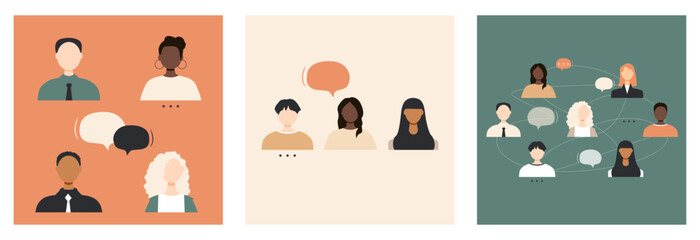 Different people with chat bubbles card set. Communication concept.	