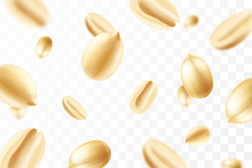 Falling peanuts, isolated on transparent background, selective focus. Flying peanut with blurry effect. Can be used for advertising, packaging, banner, poster. Realistic 3d vector illustration