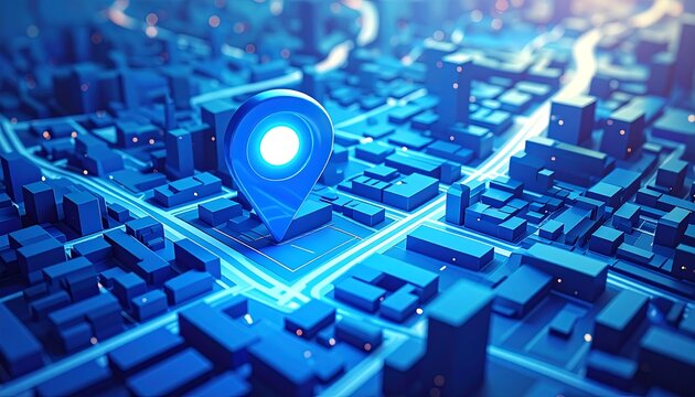 Abstract map with a blue glowing location pin highlighting routes in a stylized futuristic cityscape - Powered by Adobe