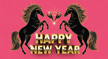 A illustration showcases a golden 'Happy New Year' greeting, flanked by two rearing horses and a diamond, all set against a vibrant pink backdrop. Festive and celebratory.