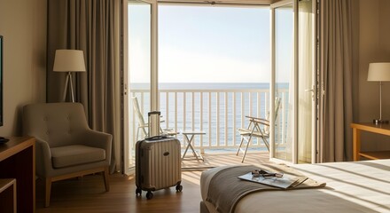 Modern hotel room with open balcony and ocean view beside suitcase