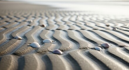 Seashells scattered on a rippled sand beach during a bright sunny day