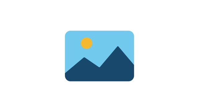 Minimalist photo placeholder illustration with soft blue background, golden sun element, and geometric dark mountains creating simple scenic composition