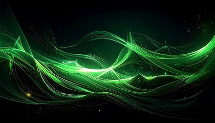 Abstract waves of glowing, flowing green lines and swirls against a dark, gradient background with small light particles