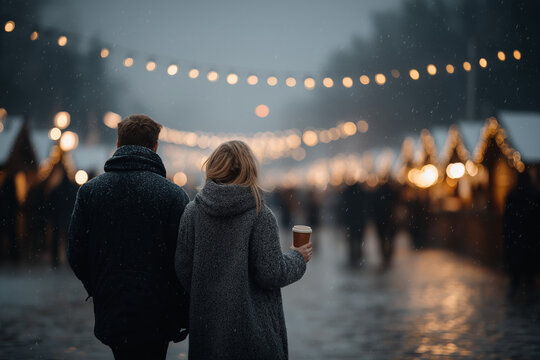 Young caucasian couple strolling through enchanting winter market at dusk