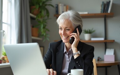 Elderly businesswoman working from home office, talking on mobile phone call, laughing, enjoying telephone conversation, using online app on laptop for consulting client. High quality