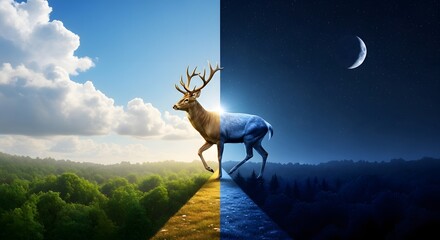 A stunning digital artwork depicting a majestic deer with a body blending daytime and nighttime environments, symbolizing the harmony between nature and celestial cycles