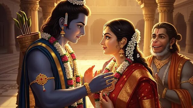 Divine Blessing Lord Rama Adorns Sita During Ram Navami Celebrations with Hanuman Watching Affectionately