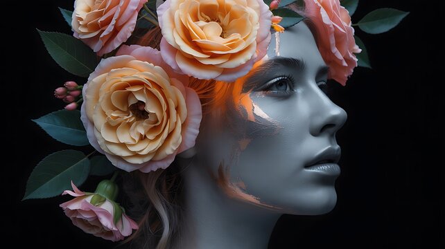 Elegant woman with flowers artifical face in floral crown on black background - Powered by Adobe