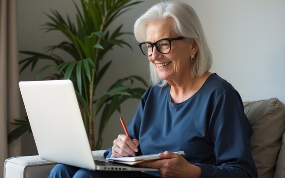 Happy stylish mature old woman remote working from home distance office on laptop taking notes. Smiling 60s middle aged business lady using computer watching webinar sit on couch writing in notebook