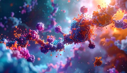 Abstract microscopic clusters of brightly colored cells, blue, pink, orange, and white, in detailed organic forms