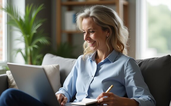 Smiling middle aged business lady using computer watching webinar sit on couch writing in notebook.Happy stylish mature woman remote working from home distance office on laptop taking notes.
