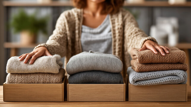 Woman organizing folded knitwear in wooden boxes on table