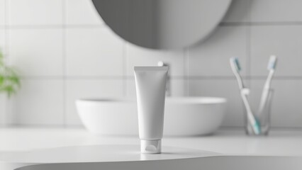 cream tube. cosmetic cream promotion. fogged mirror in bathroom with heart symbol drawn on surface, closed white plastic cream tube, sink glass with toothbrush. self-care concept, skincare