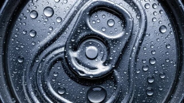 Extreme macro of a cold aluminum beverage can with condensation droplets. Top view of a wet metal lid with a pull tab showing refreshment. Panoramic banner for drink advertising