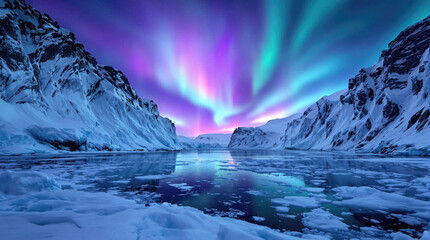 Naklejka premium Vibrant Aurora Borealis over Icy Mountains and Frozen Water
