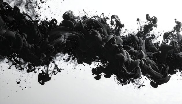 Abstract monochrome image of swirling black ink in water against a light gray gradient backdrop