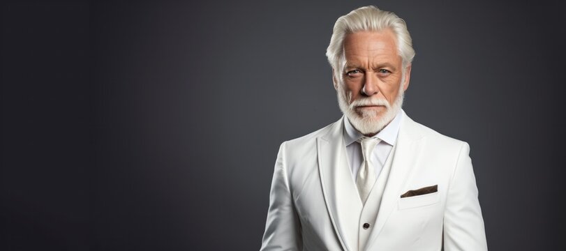 Mature man with silver hair and beard, dressed in a stylish white suit, poses confidently against a dark background, exuding elegance and sophistication in a portrait setting