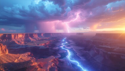 Fototapeta premium Dramatic Grand Canyon Landscape with Vibrant Lightning Storm and Glowing River