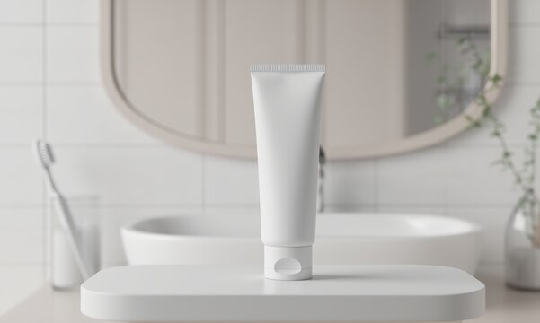 cream tube. cosmetic cream promotion. fogged mirror in bathroom with heart symbol drawn on surface, closed white plastic cream tube, sink glass with toothbrush. self-care concept, skincare