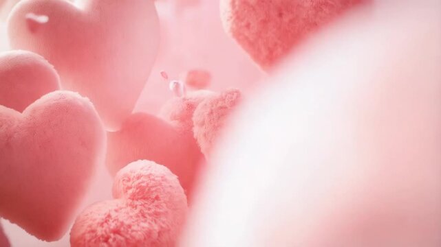  Soft Pink Hearts Background. A dreamy, close-up background composed of numerous soft pink hearts of varying sizes and textures. The most prominent heart in the foreground is fluffy and fuzzy