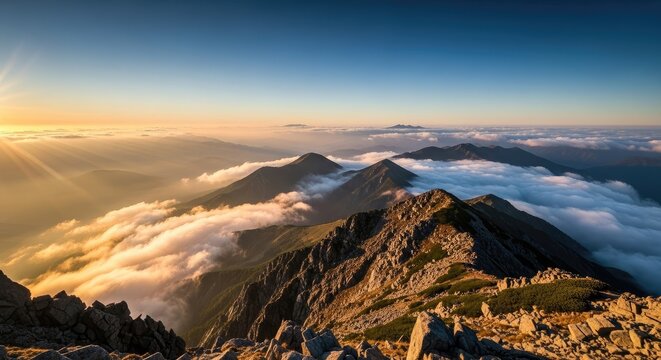 Aerial view of mountain peaks covered in clouds at sunrise or sunset