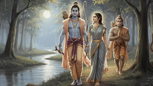 Divine Trio Lord Rama, Sita, and Hanuman Walk Through Enchanted Forest Depicting Religious Harmony
