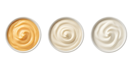 Three bowls of creamy sauces and dips arranged in a row on a black background