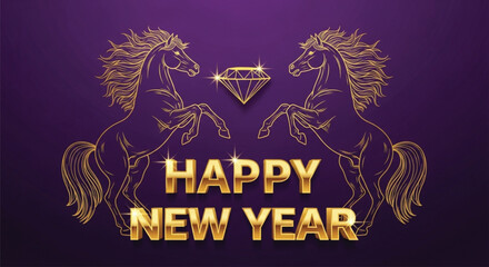 A dazzling Happy New Year illustration featuring golden horses and a sparkling diamond against a rich purple backdrop, perfect for festive greetings and celebrations.
