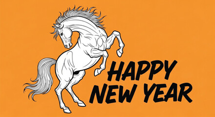 A illustration features a white horse rearing up with a flowing mane and tail, wishing a happy new year. The background is orange, creating a vibrant and festive design.
