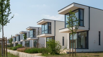 Series of modern minimalist houses in residential neighborhood on sunny day