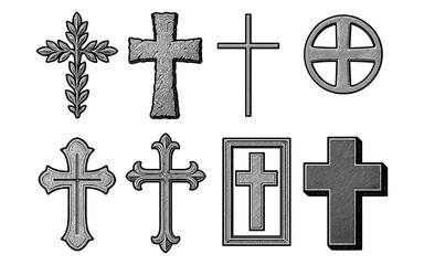 Set of hand-drawn cross designs in vintage style for religious themes
