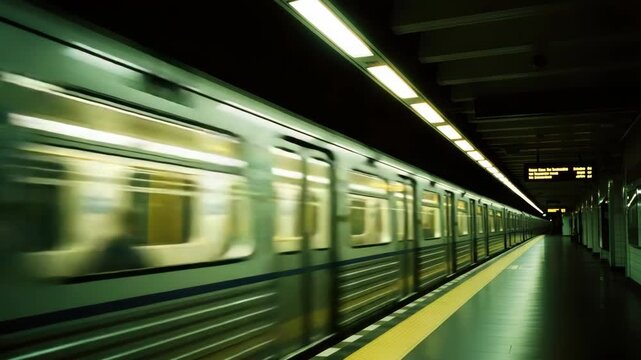 Underground metro train in motion arriving at an empty subway platform with a green tint. Cinematic sequence showing urban commuting, speed, and public transportation