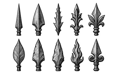 Set of vintage spearhead designs: engraved weapon tips collection