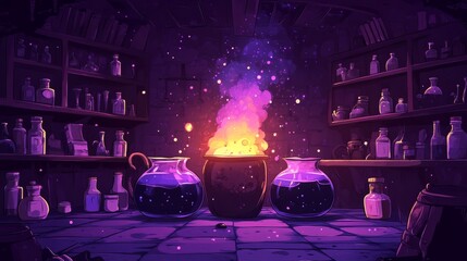 Colorful 3D illustration of a magical potion brewing in a cauldron, surrounded by glass bottles and jars on wooden shelves in a mystical laboratory setting